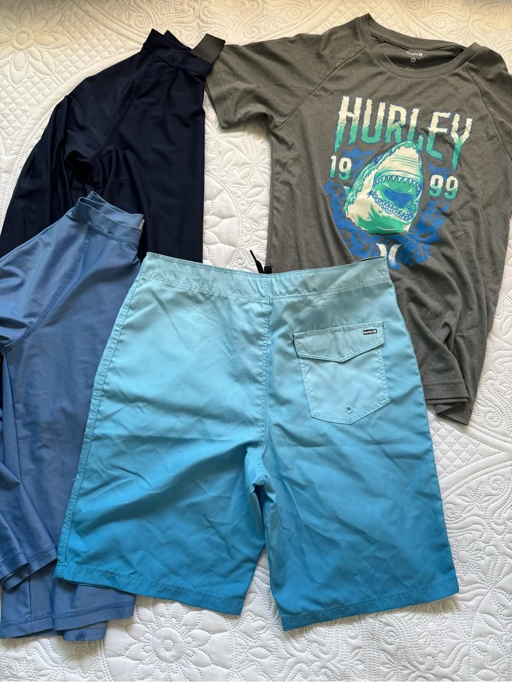 Hurley Boys Gray Shark Graphic Rash Guard Tee with Blue Swim Shorts